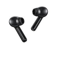 Black wireless earbuds on a white background
