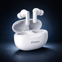 White wireless earbuds with charging case on a dark background, featuring the Dvaio brand.