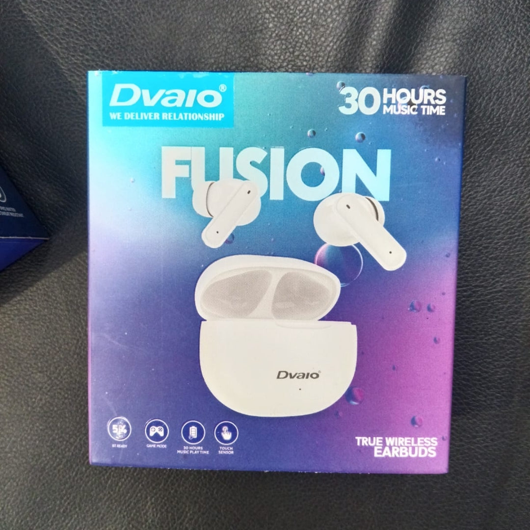 Dvaio Fusion true wireless earbuds packaging on a dark surface