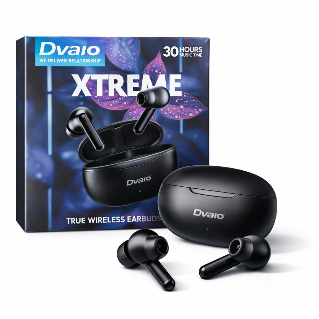 Dvaio Xtreme true wireless earbuds with charging case and packaging on a white background