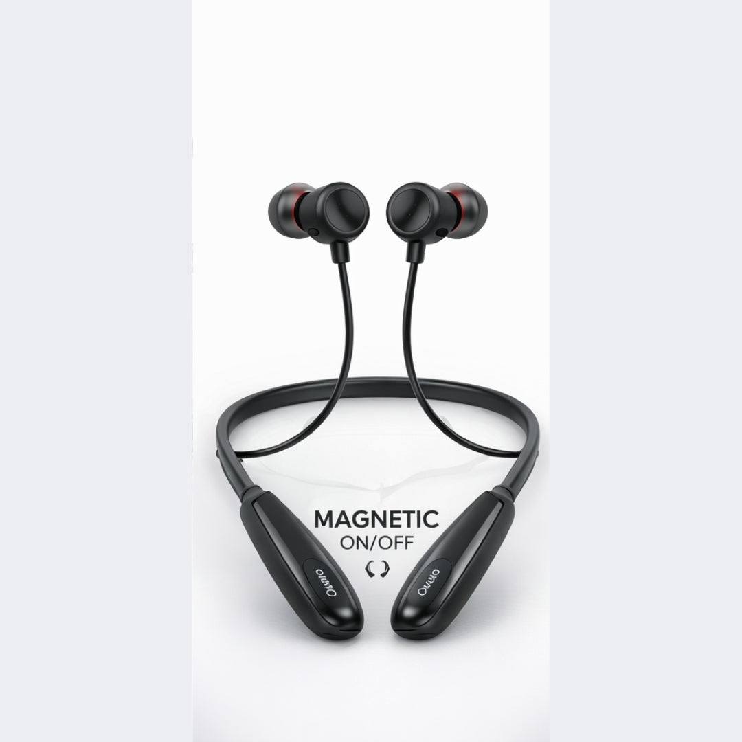 Black wireless earbuds with magnetic on/off feature on a white background