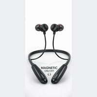 Black wireless earbuds with magnetic on/off feature on a white background