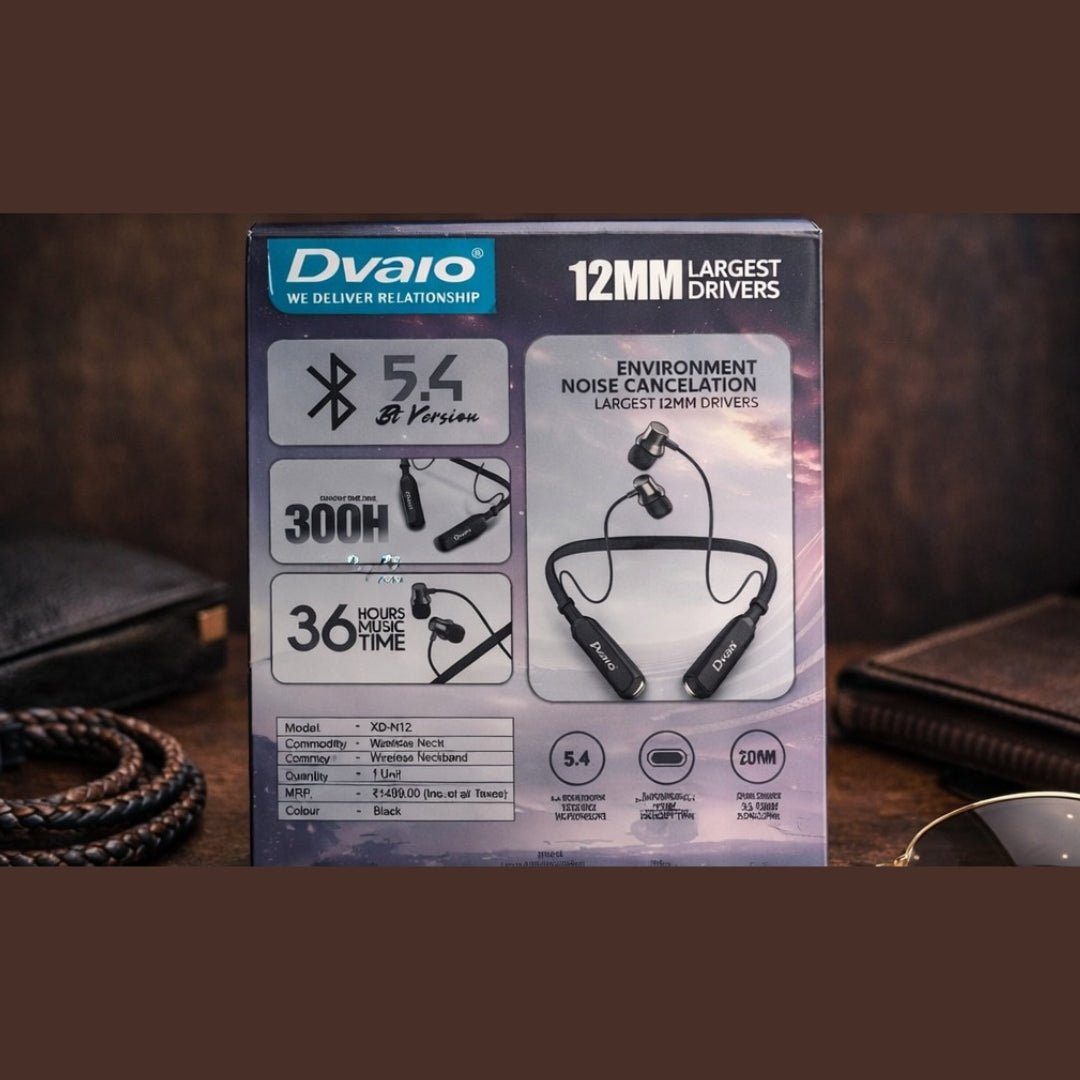 Dvaio wireless earbud packaging with specifications on a dark background