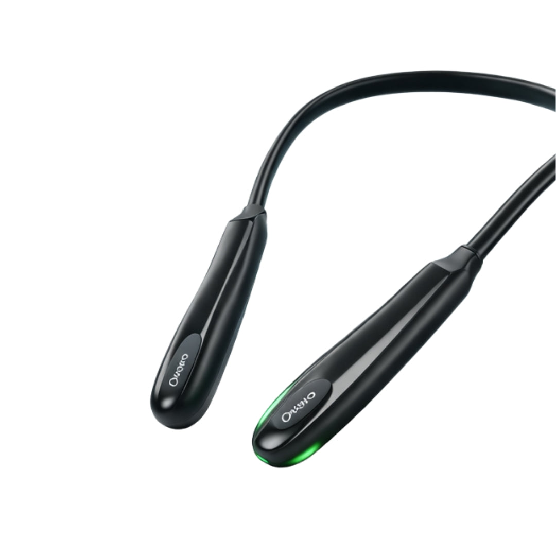 Black wireless earbud neckband on a white background