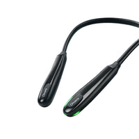 Black wireless earbud neckband on a white background