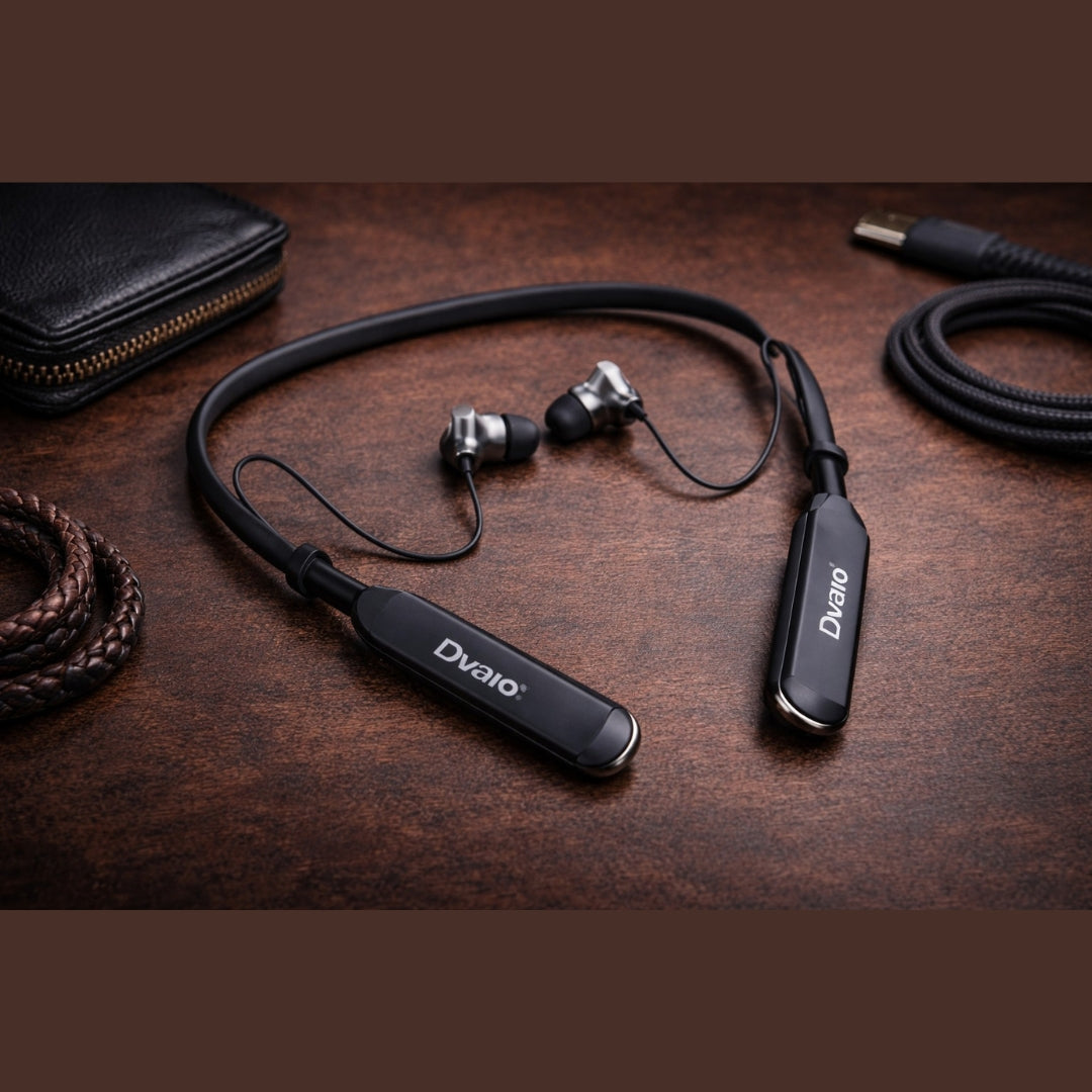 Black Bluetooth earbuds with neckband on a brown surface, featuring the Dvao brand.