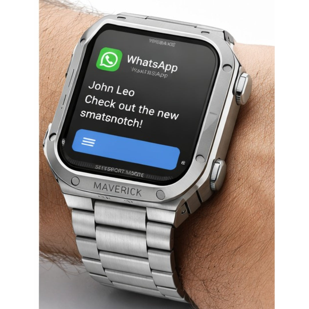 Smartwatch displaying a WhatsApp message on a wrist
