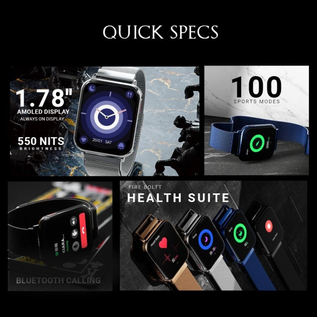Smartwatch with quick specifications displayed on a black background