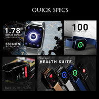 Smartwatch with quick specifications displayed on a black background