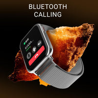 Smartwatch with a gray band on a rock, featuring Bluetooth calling text.