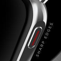 Close-up of a golf club head with 'Sharp Edges' text on a black background