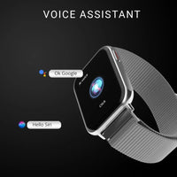 Smartwatch with voice assistant interface on a black background