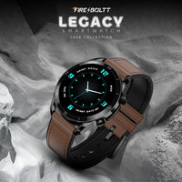 Smartwatch with brown leather strap on a rocky surface, Fire Boltt brand visible