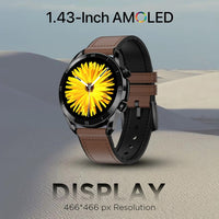 Smartwatch with a brown leather strap on a desert background, featuring AMOLED display text.