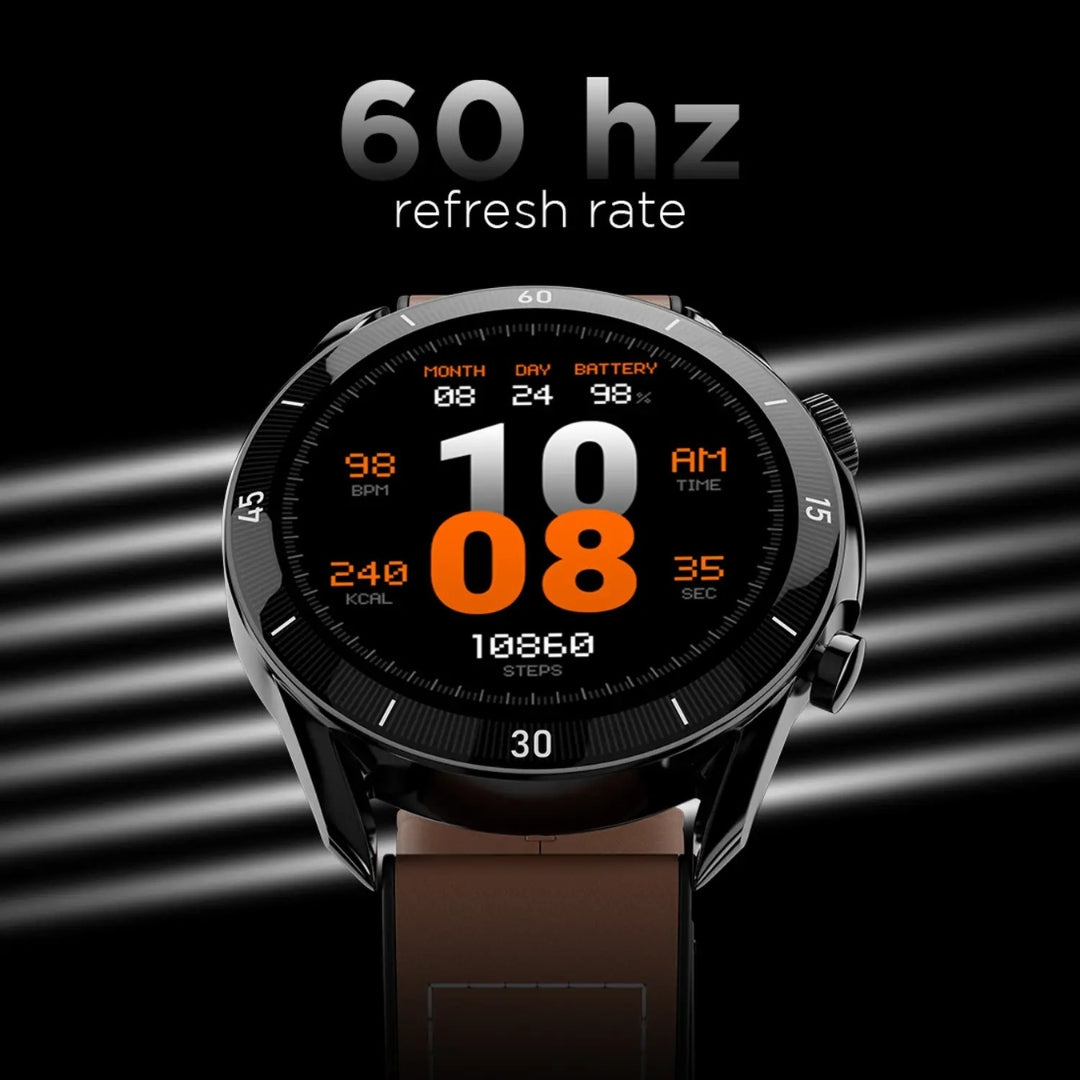 Smartwatch with digital display on a black background, featuring a 60 Hz refresh rate.