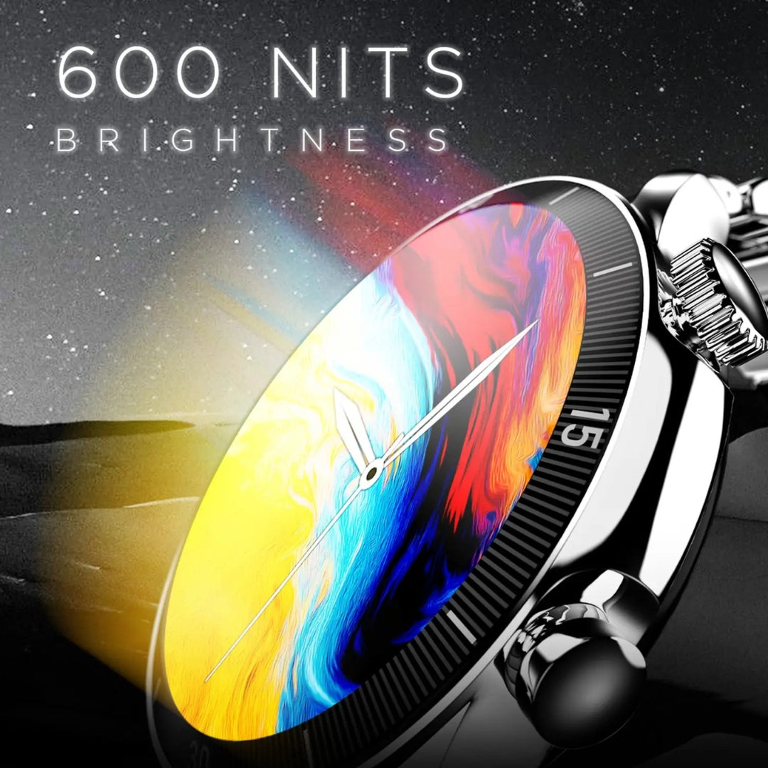 Smartwatch with a colorful display and '600 NITS BRIGHTNESS' text on a dark background