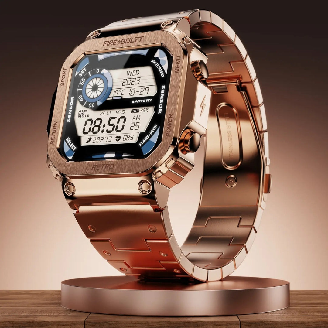 Rose gold digital watch on a wooden stand with a gradient background