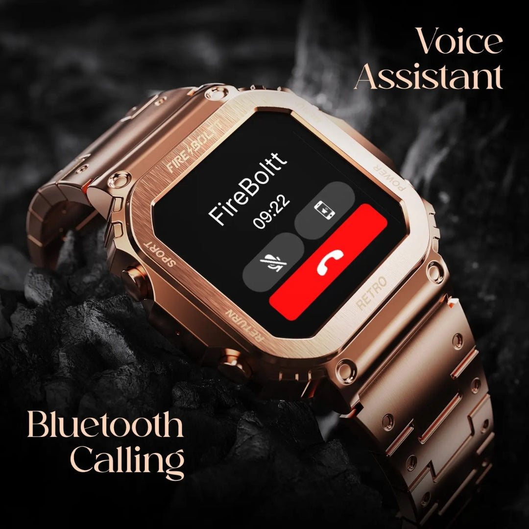 Smartwatch with rose gold case and band on a dark background, displaying 'Voice Assistant' and 'Bluetooth Calling'.