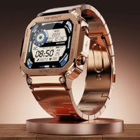 Rose gold digital watch on a wooden stand with a gradient background