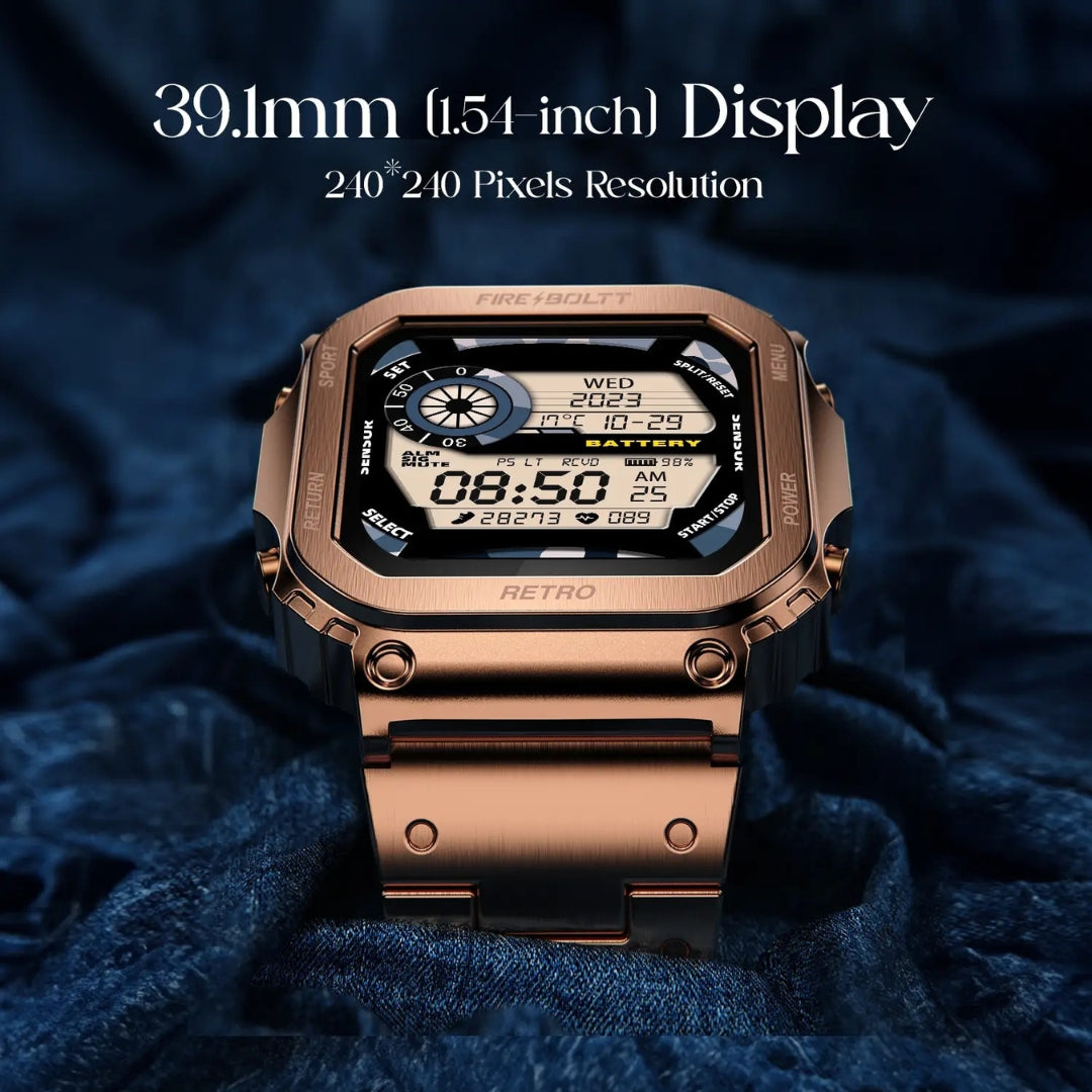 Rose gold digital watch with a blue textured background