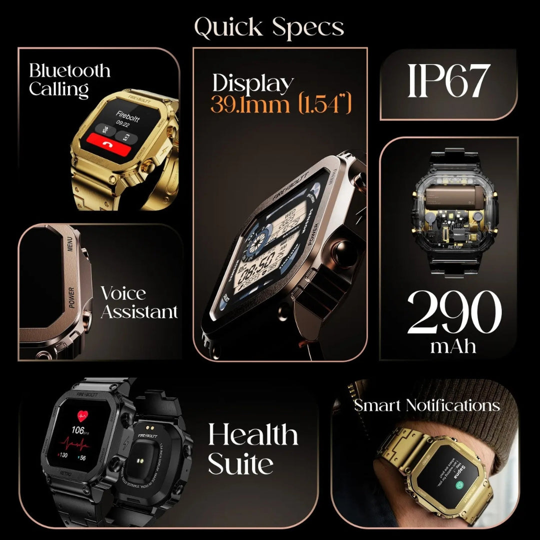 Smartwatch with features listed on a black background