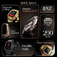 Smartwatch with features listed on a black background