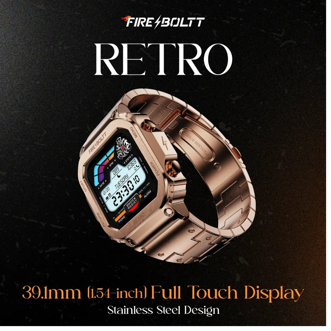 Smartwatch with 'Fire Boltt' branding on a dark background