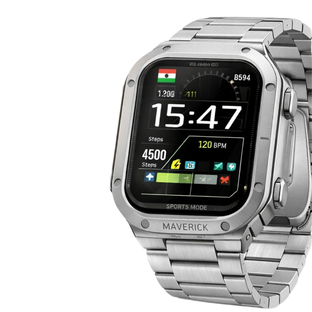 Silver smartwatch with digital display on a white background