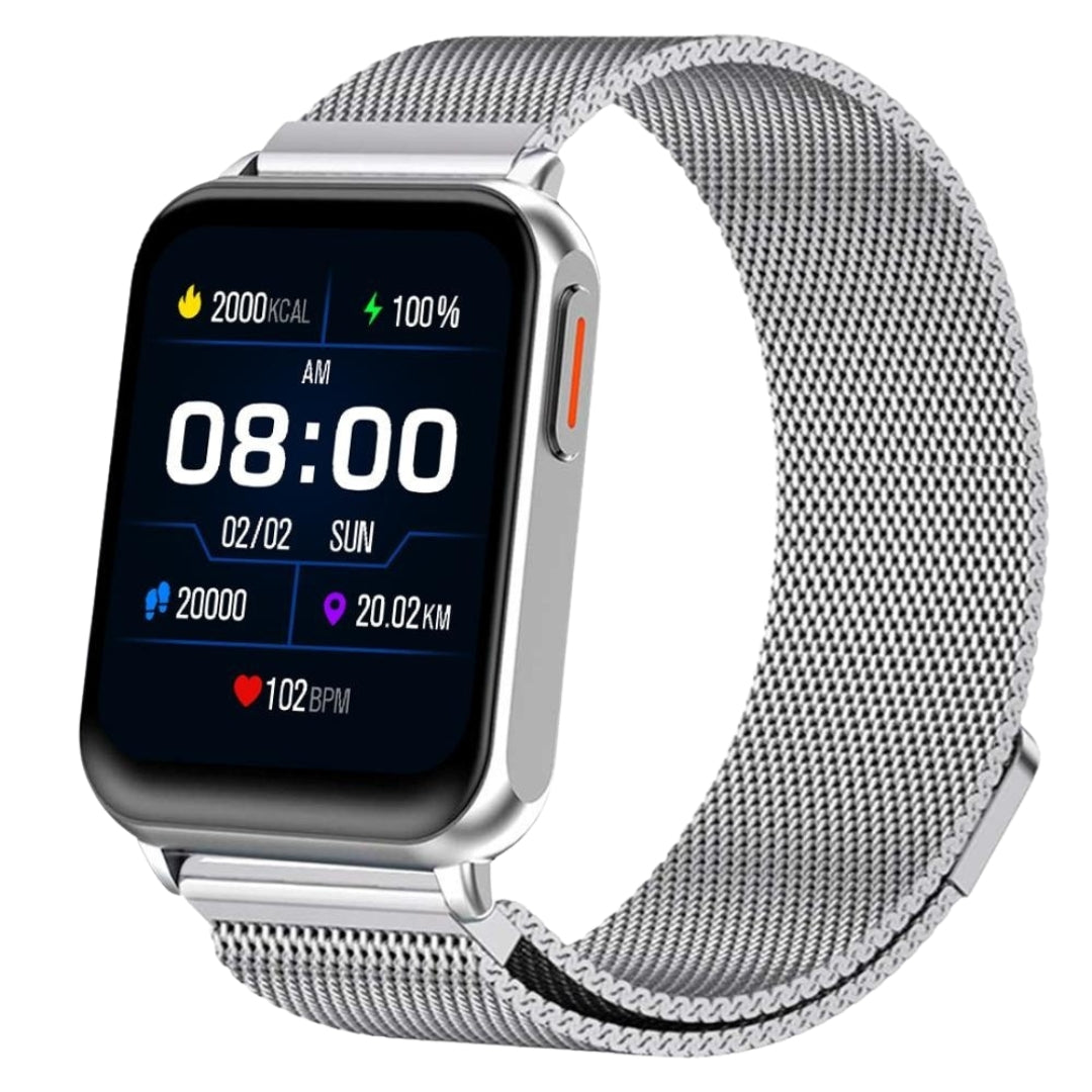 Smartwatch with a metal mesh band on a white background