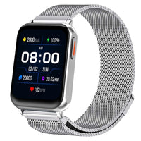 Smartwatch with a metal mesh band on a white background