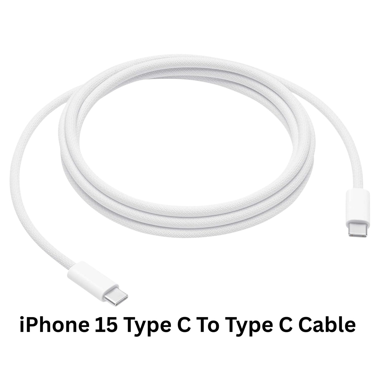 White iPhone 15 Type C to Type C cable on a white background