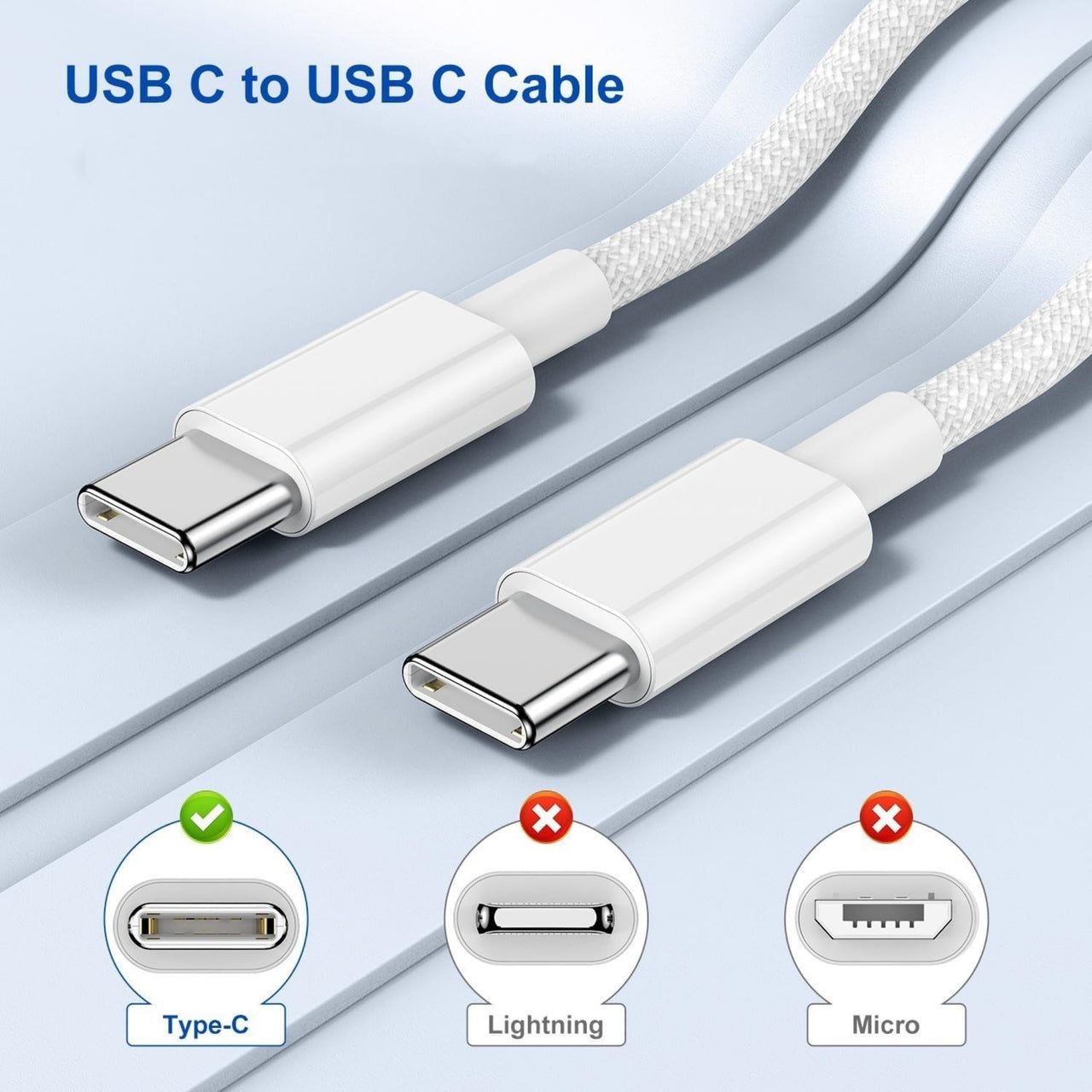 USB C to USB C cable with Type-C, Lightning, and Micro connectors shown below on a light blue background.