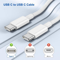 USB C to USB C cable with Type-C, Lightning, and Micro connectors shown below on a light blue background.