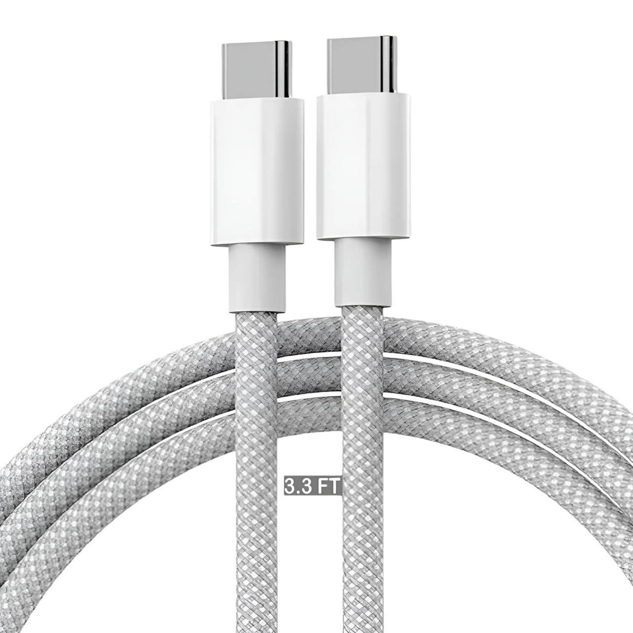 Close-up of a USB-C cable with metallic connectors on a white background