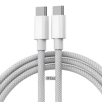 Close-up of a USB-C cable with metallic connectors on a white background