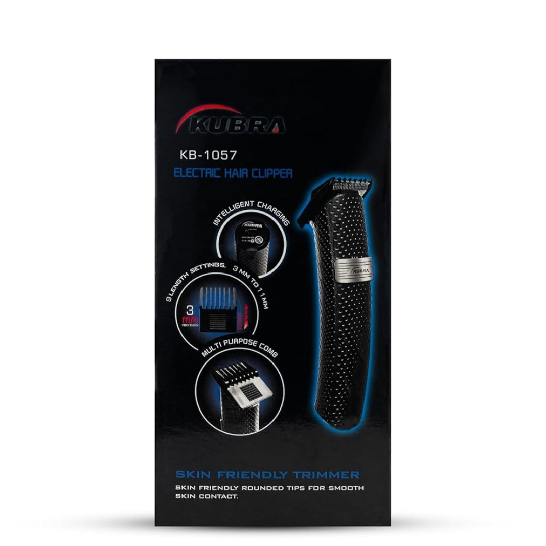 Kubra electric hair clipper packaging with product illustration on a black background