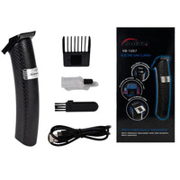 Electric hair trimmer set with accessories and packaging on a white background