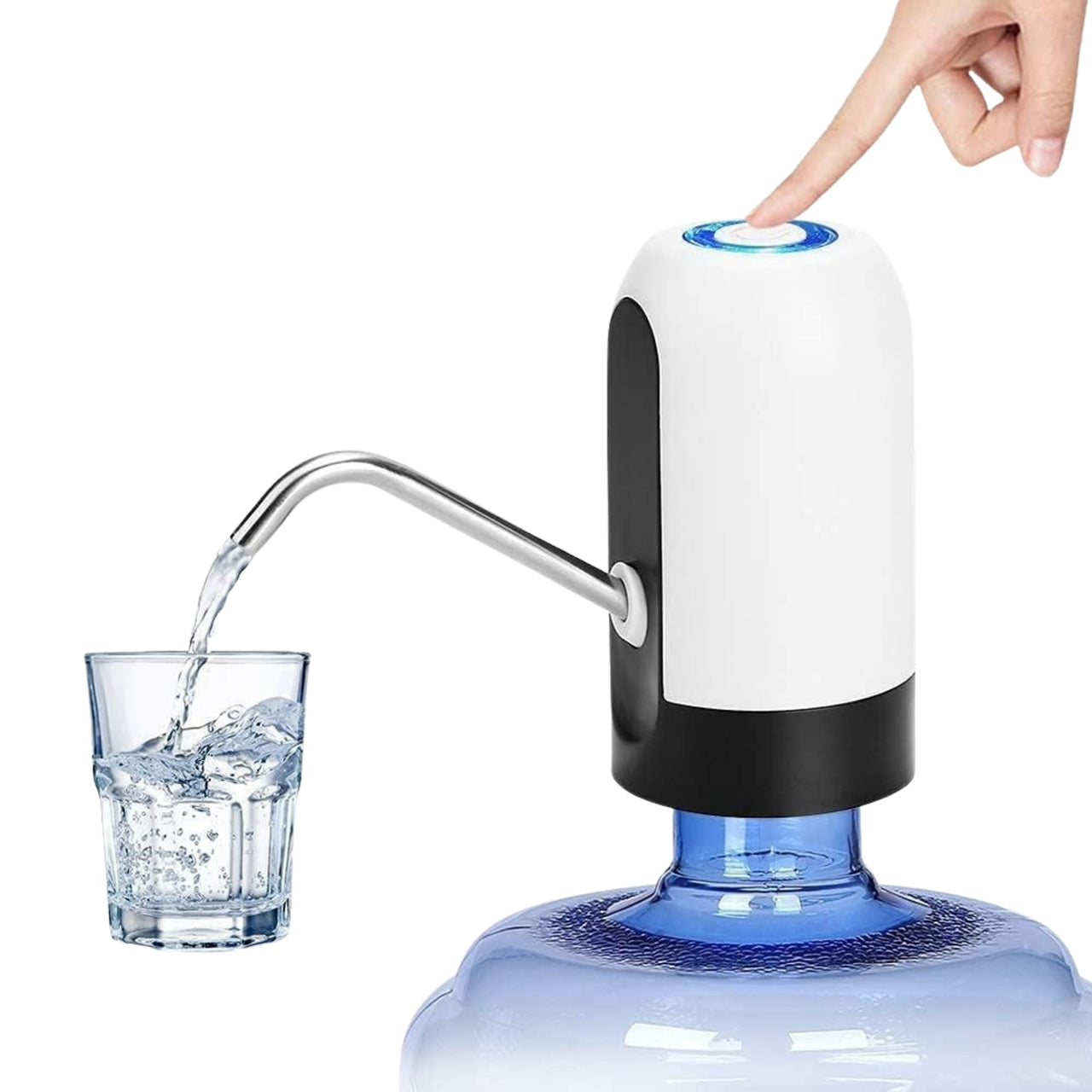 Hand pressing a water dispenser pump with water flowing into a glass on a white background