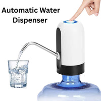 Automatic water dispenser with a hand pressing a button and water being poured into a glass.