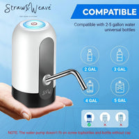 Straw & Weave water pump compatible with 2-5 gallon bottles on a blue background