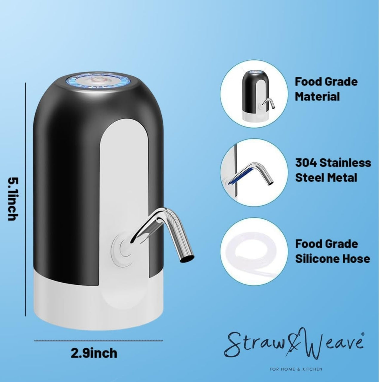 Black and white water dispenser with features highlighted on a blue background