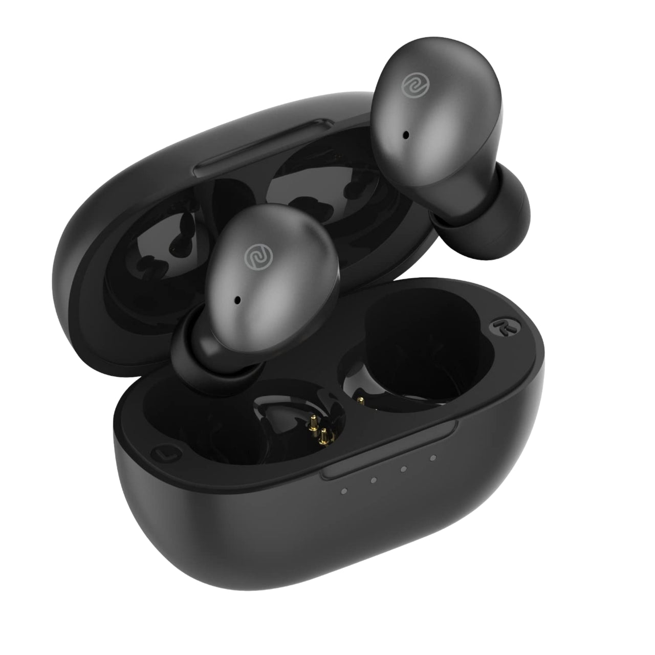 Black wireless earbuds with charging case on a white background