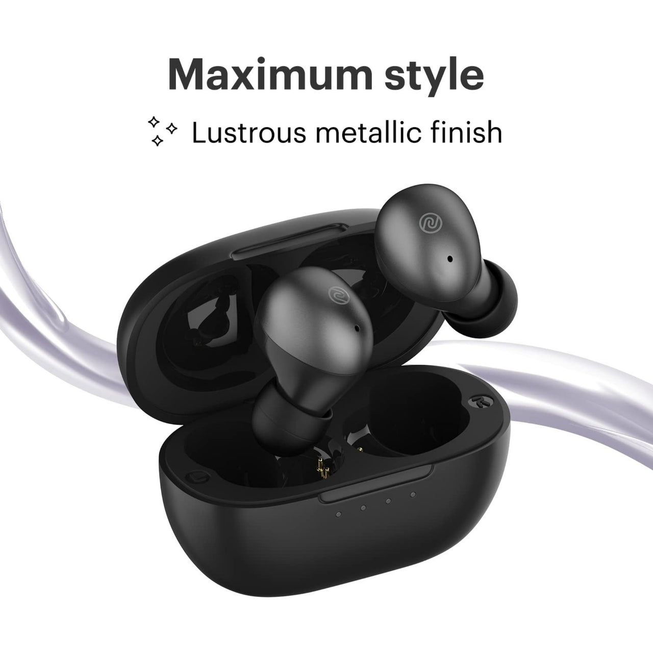 Black wireless earbuds with charging case on a white background, featuring 'Maximum style' text.