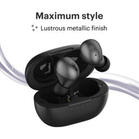 Black wireless earbuds with charging case on a white background, featuring 'Maximum style' text.