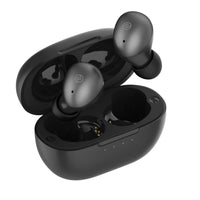 Black wireless earbuds with charging case on a white background