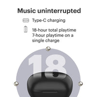 Black electronic device with '18' on a white background, featuring text about music uninterrupted and charging capabilities.