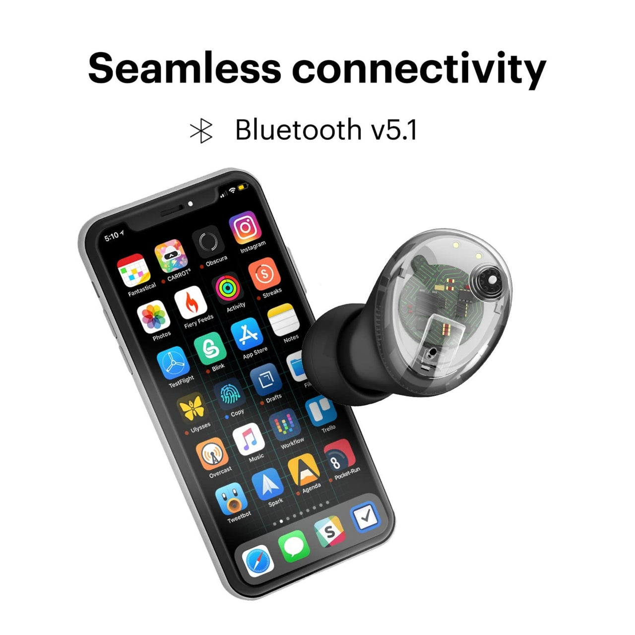 Smartphone with app icons and a wireless earbud, emphasizing Bluetooth v5.1 connectivity.