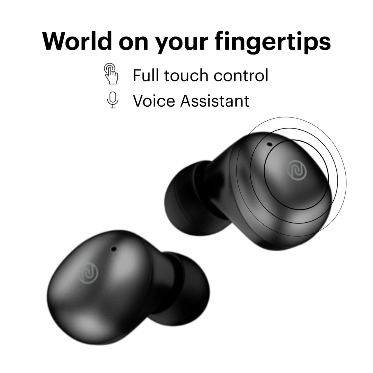 Black wireless earbuds with touch control and voice assistant features on a white background