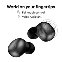 Black wireless earbuds with touch control and voice assistant features on a white background