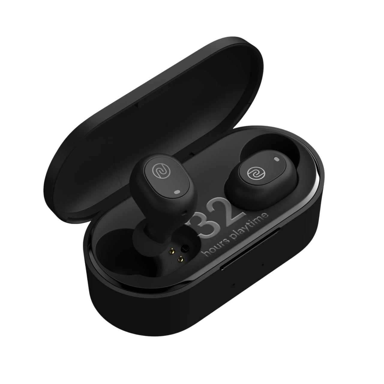 Black wireless earbuds with charging case on a white background